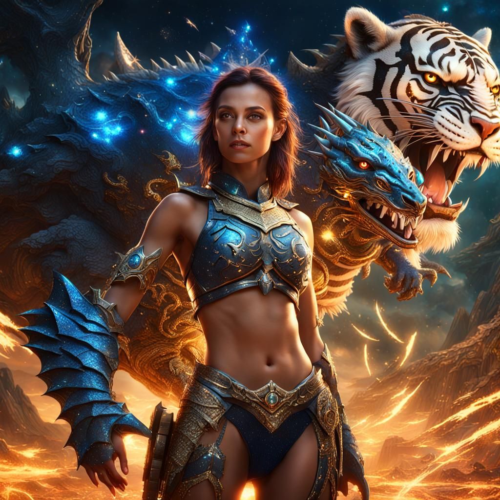 Armored Woman, Dragon, and Tiger Fantasy Art