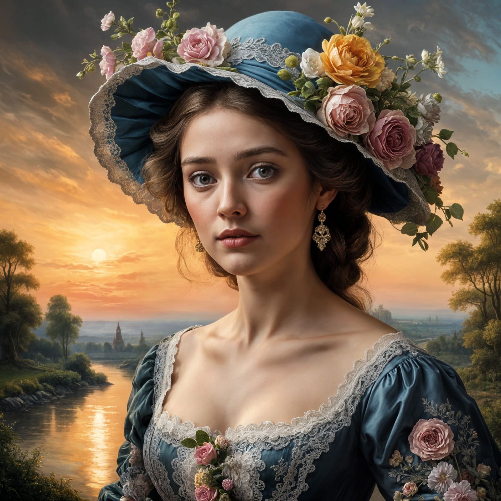 1700s Woman With 3D Floral Dress and Monet Landscape