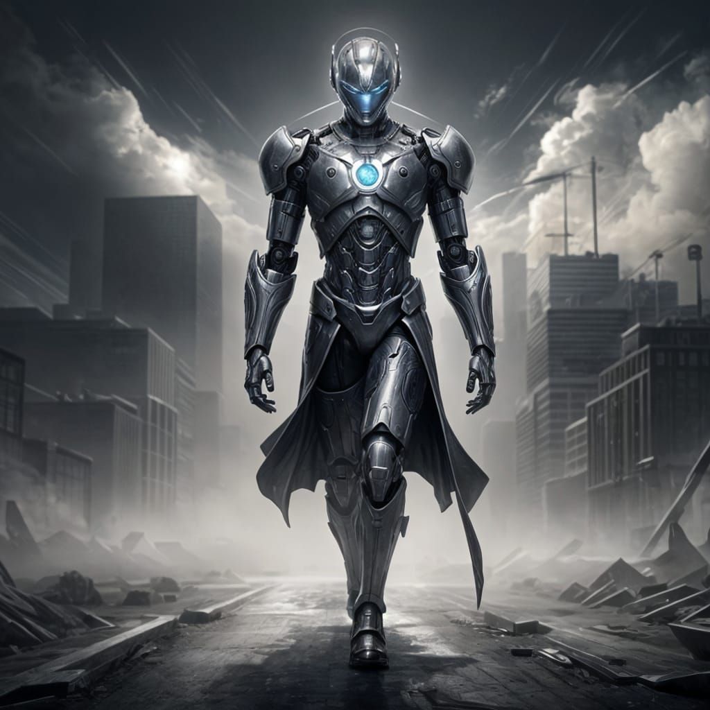 Friendly Silver Cyber Robot in Cityscape