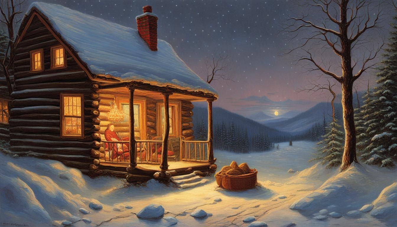 Cozy Evening Log House in Oil Painting Style