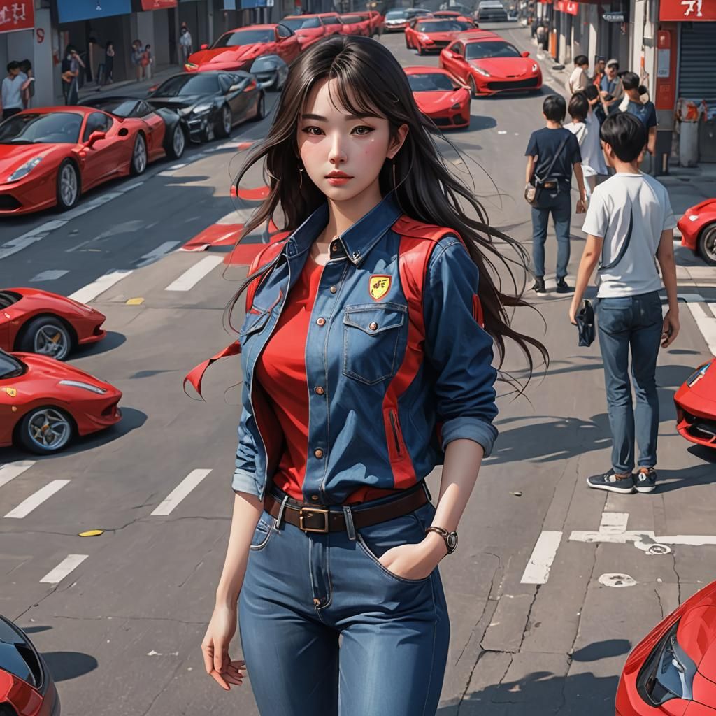 Modern Chinese Woman on Red Ferrari: 3D Anime Art