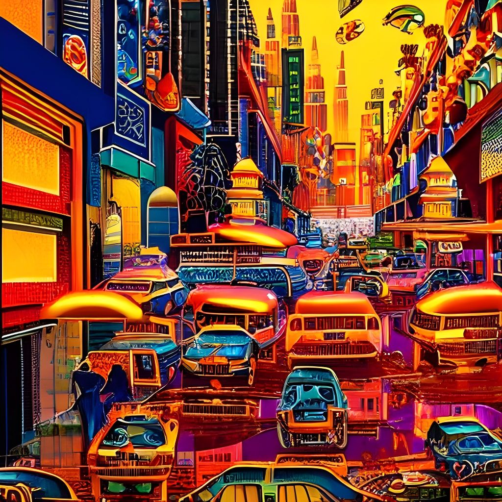 Babylonian Business District with Retro-Futuristic Neon