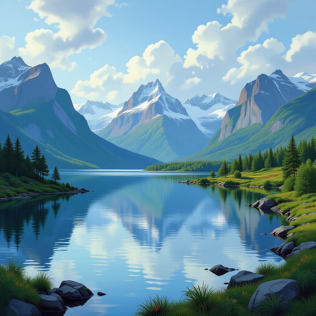 Romantic Landscape with Verdant Valley and Calm River