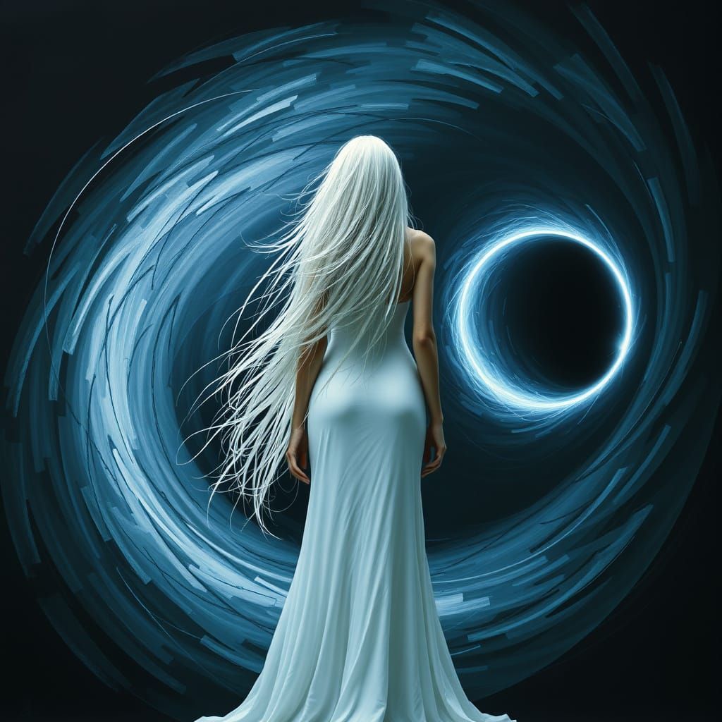 Surreal Woman Between Black and White Holes