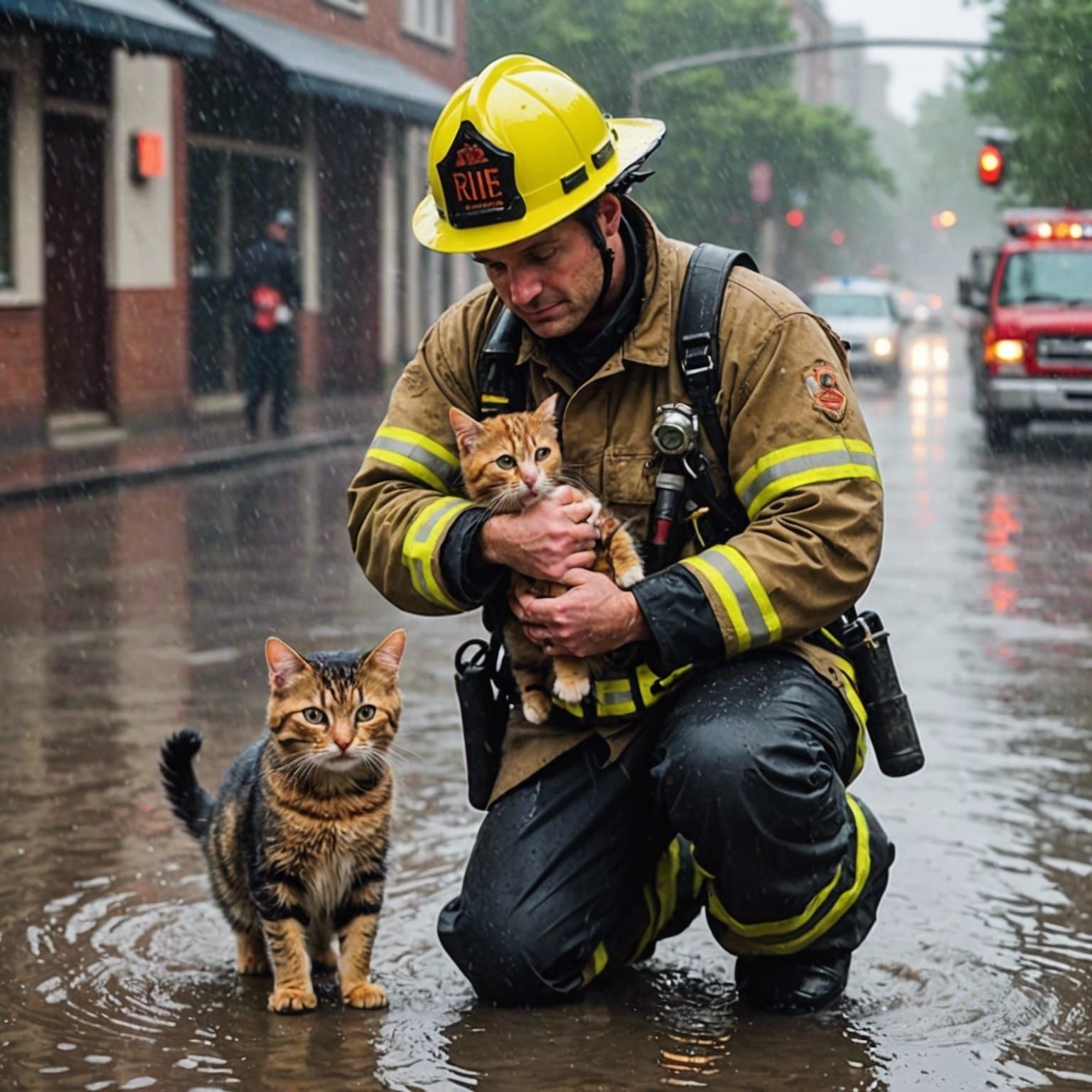 Firefighter Rescuing Cat in Heavy Rain