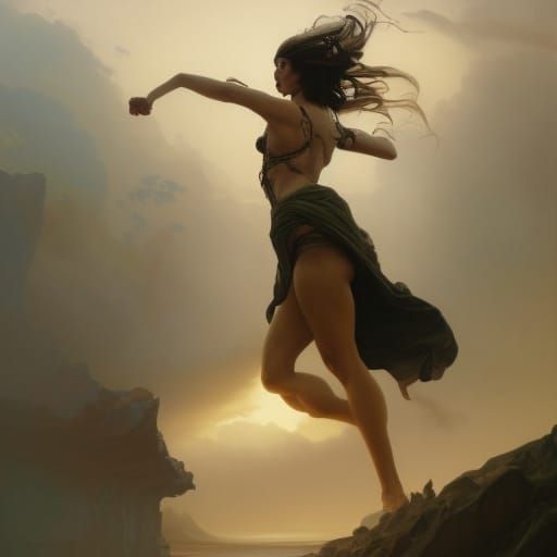 Surreal Steampunk Woman Running, Melting Oil on Canvas