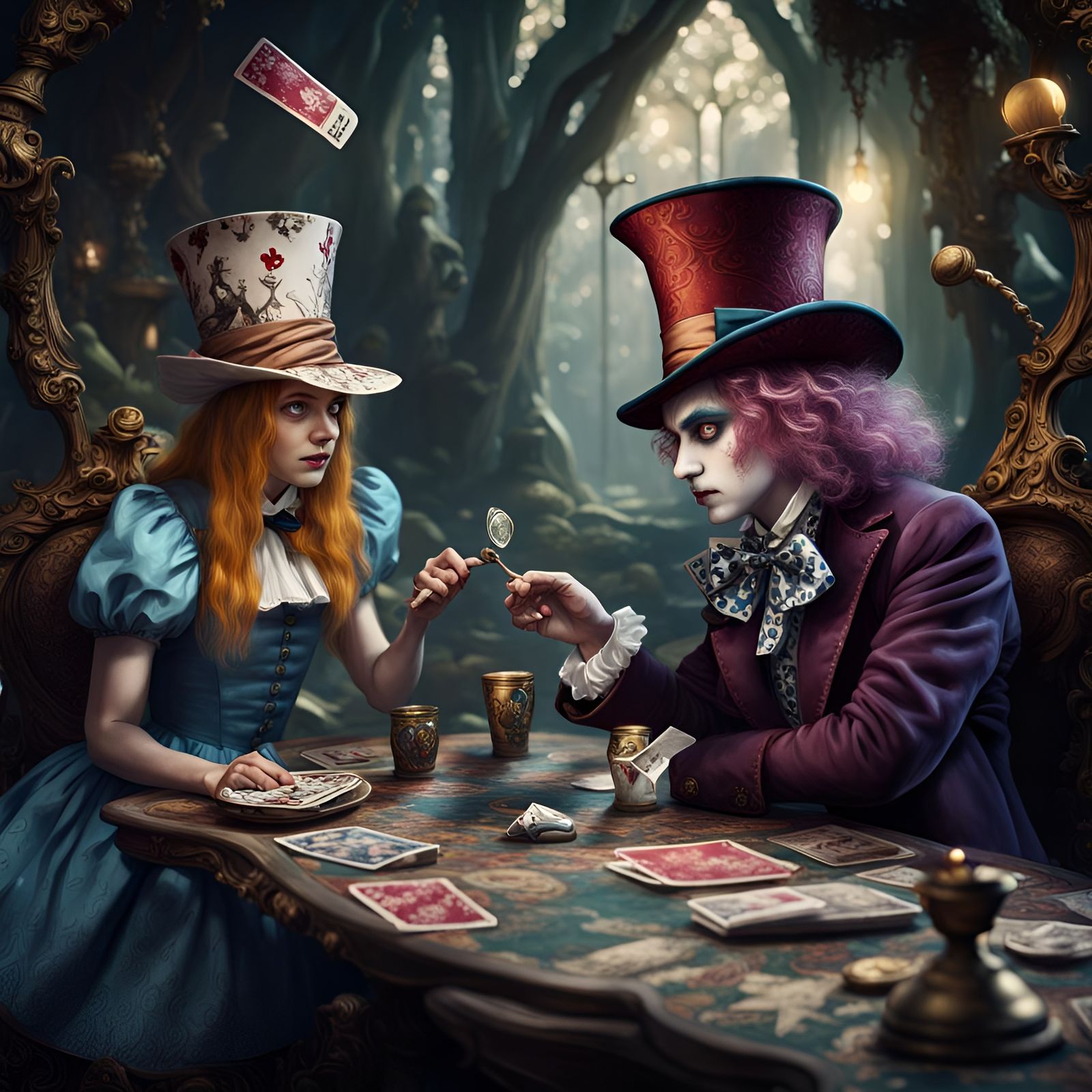 Alice and Mad Hatter Play Tarot, Detailed Matte Painting