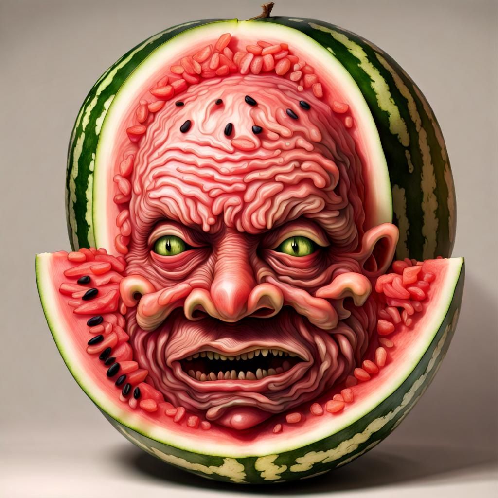 Grotesque Human Face Emerges from Watermelon