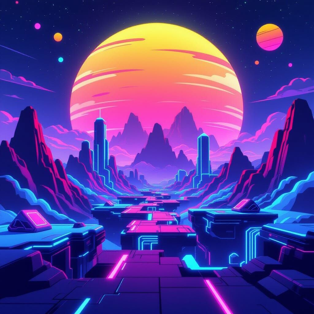 Neon Geometry Dash Planet in Sci-Fi Style