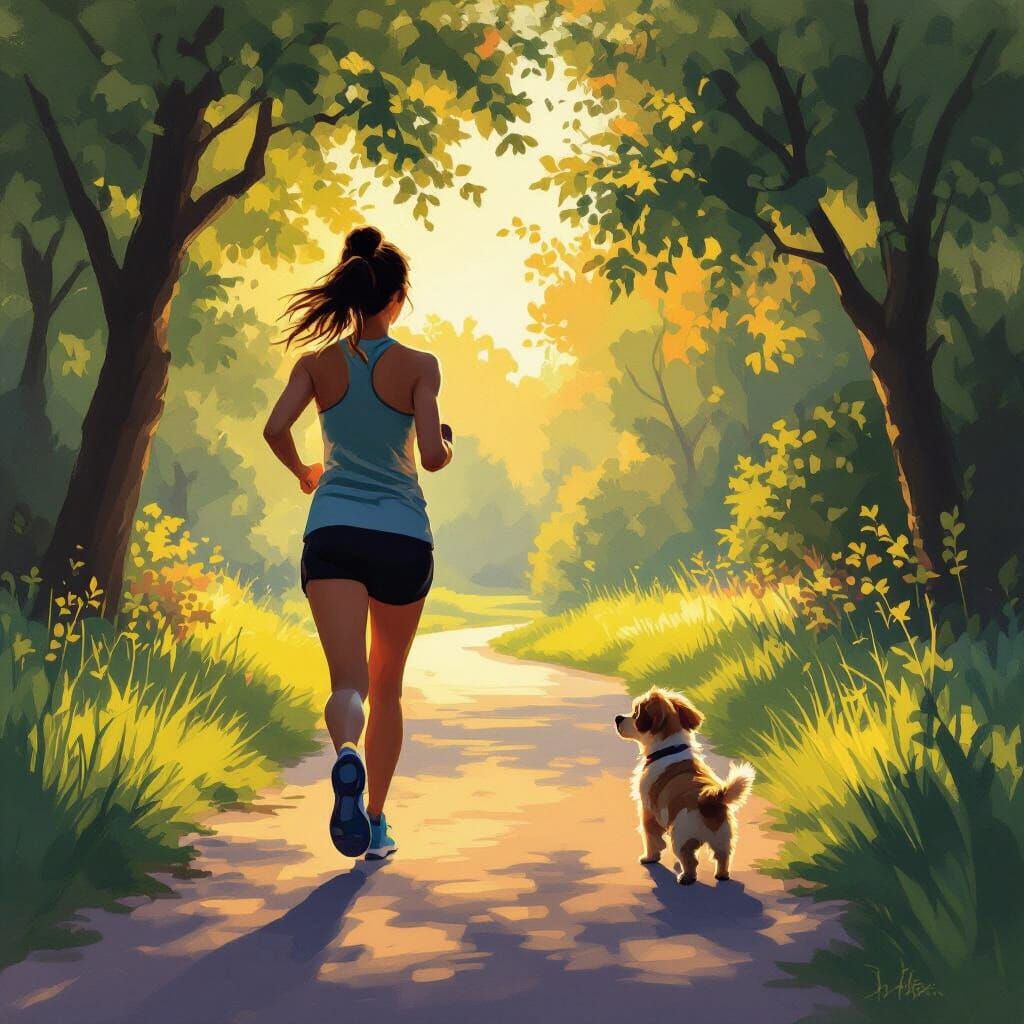 Sunrise Jogger & Puppy in Park, Impressionistic Style