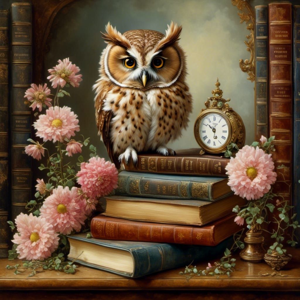 Adorable Owlet on Books: A Painterly Still Life