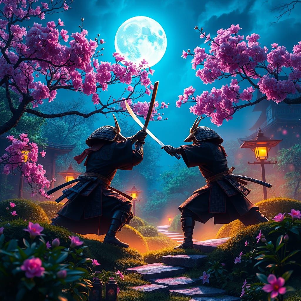 Moonlit Samurai Duel in a Vibrant Japanese Garden