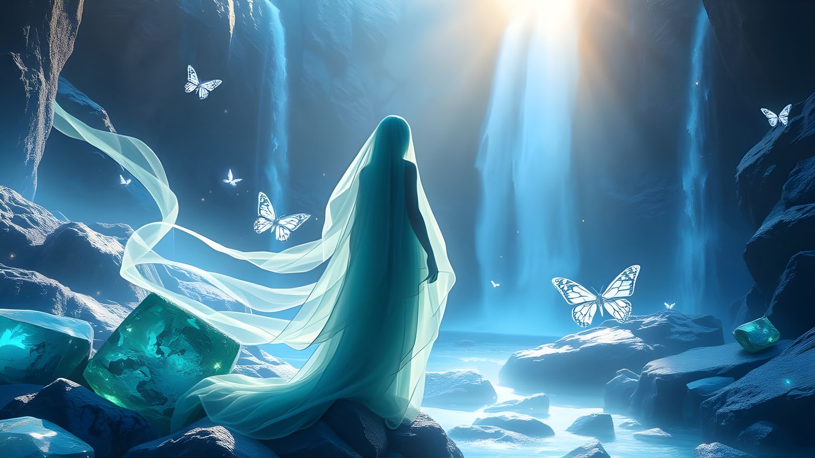 Ethereal Canyon Scene with Crystalline Waterfall