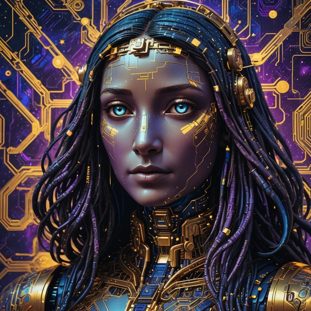 Cyberpunk Mona Lisa Robot Portrait in Galaxy