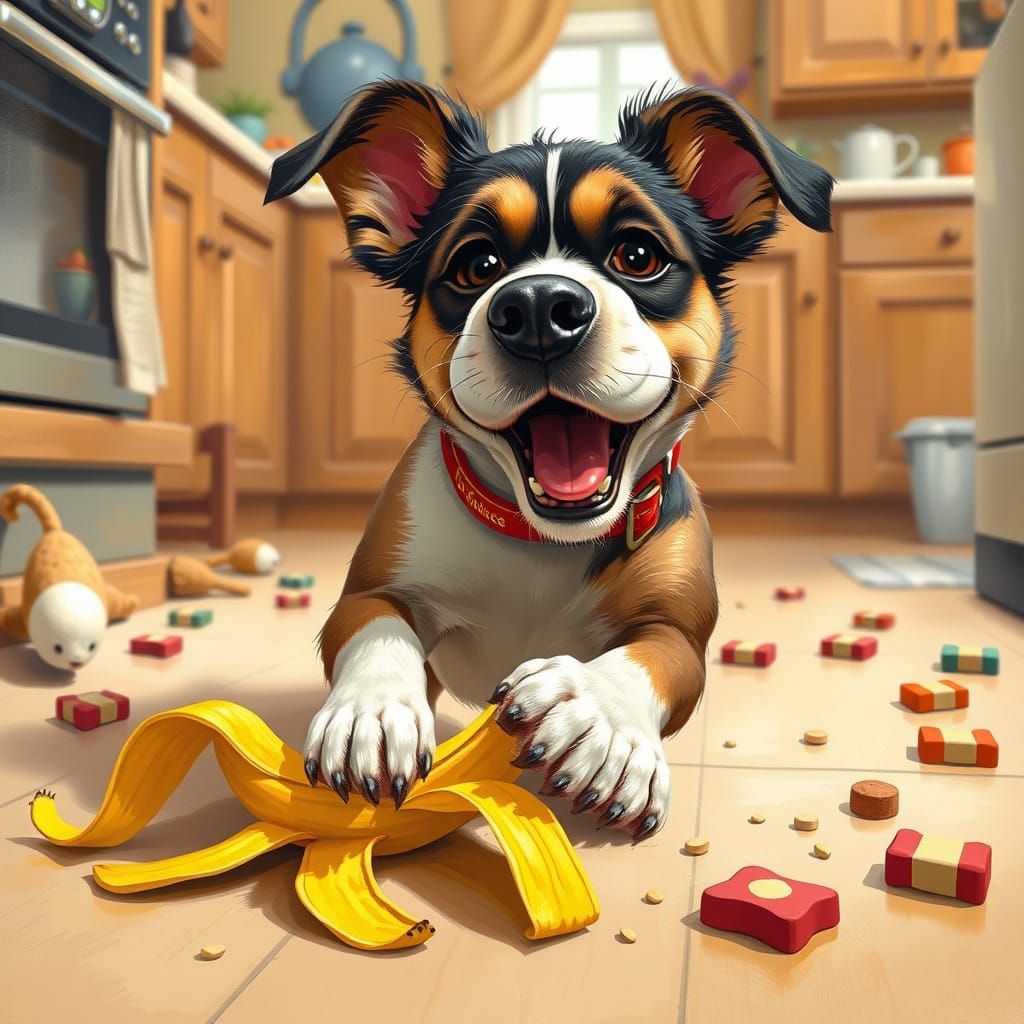 Playful Dog Slipping on Banana Peel in Cozy Home