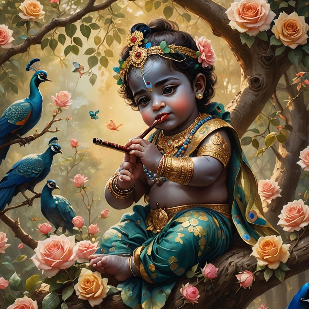 Baby Krishna with Peacocks in Hyper-Realistic Style