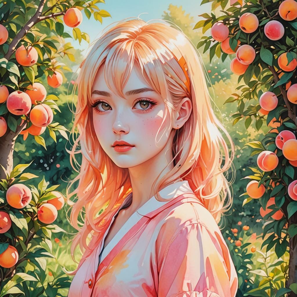 Anime Momo Girl with Peach Hip in Garden