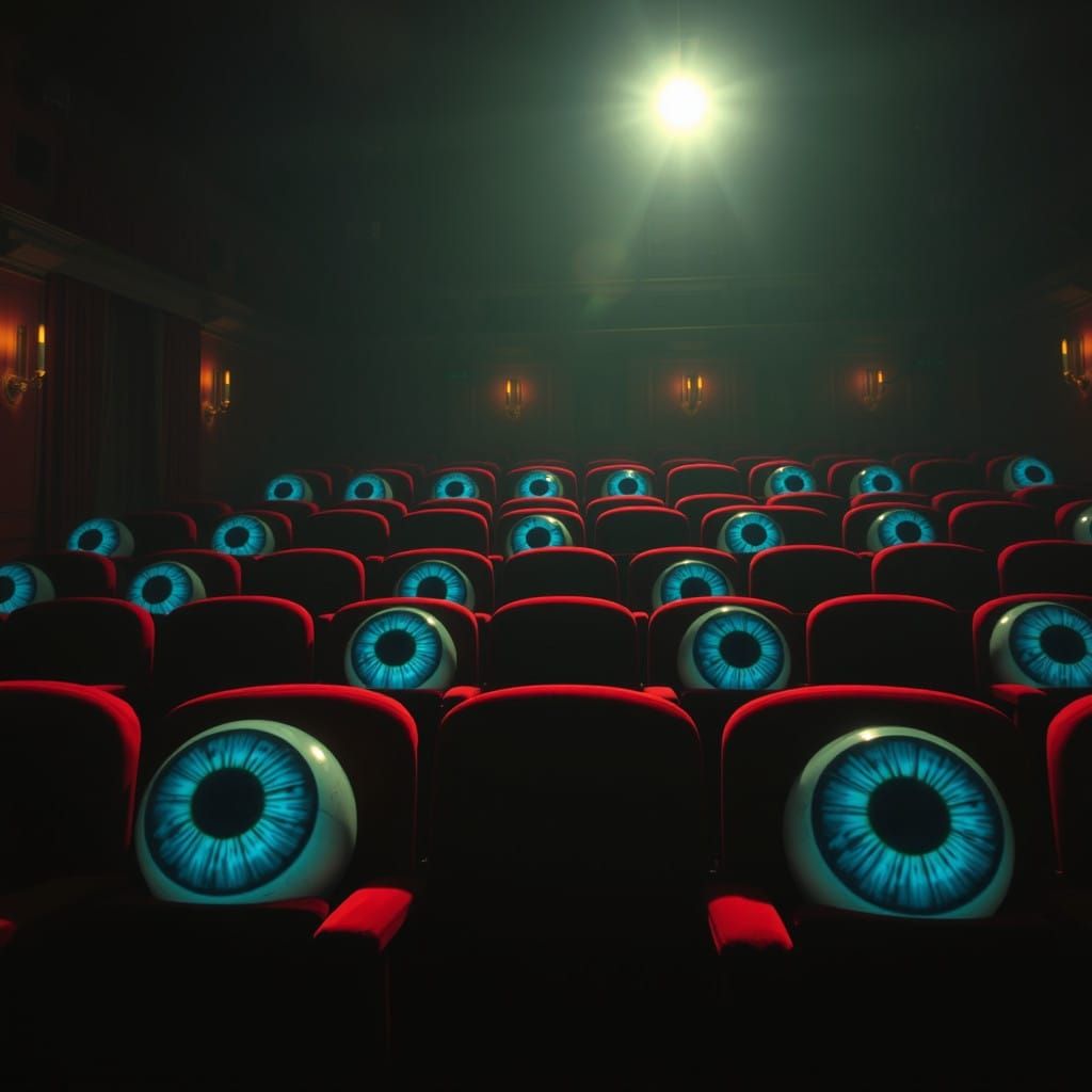 Glowing Eyeballs Fill Dimly Lit Theatre Auditorium in Surrea...
