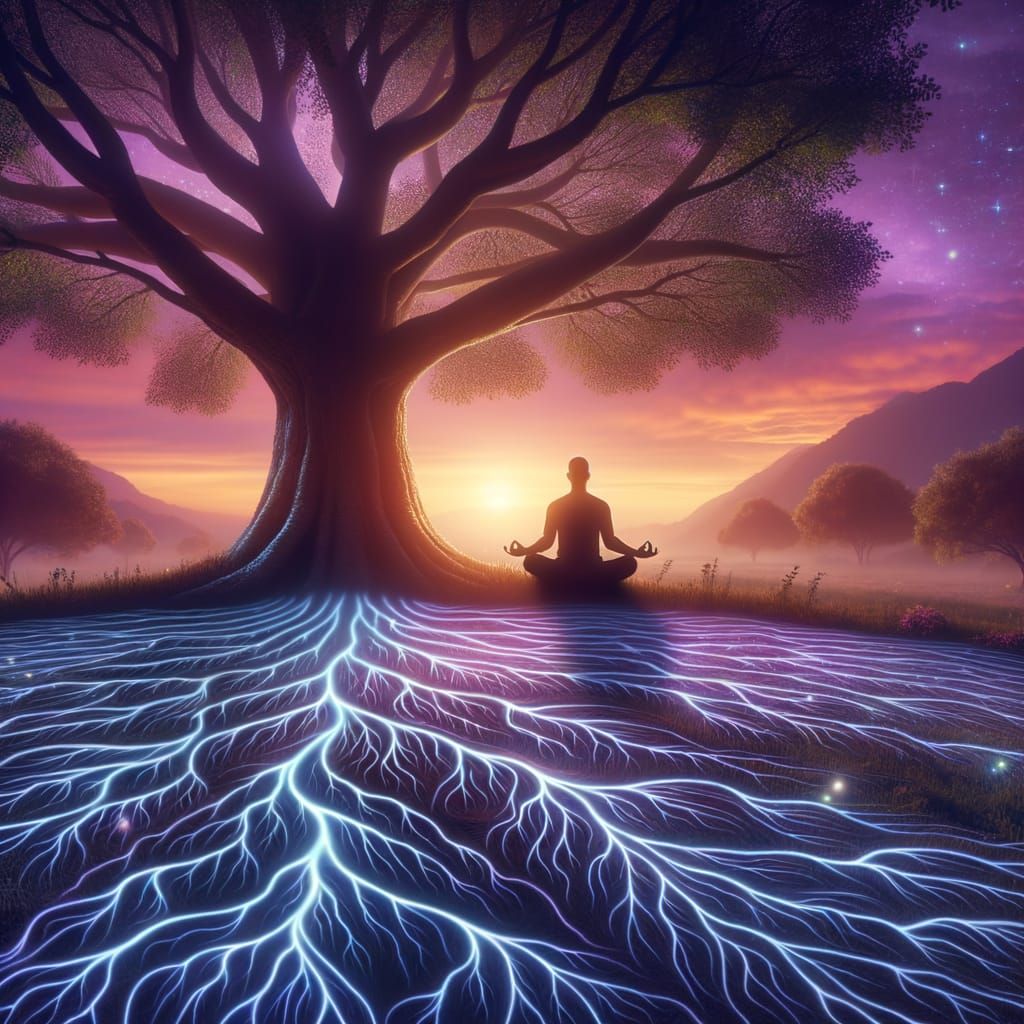 Meditating Figure with Neural Network Roots at Twilight