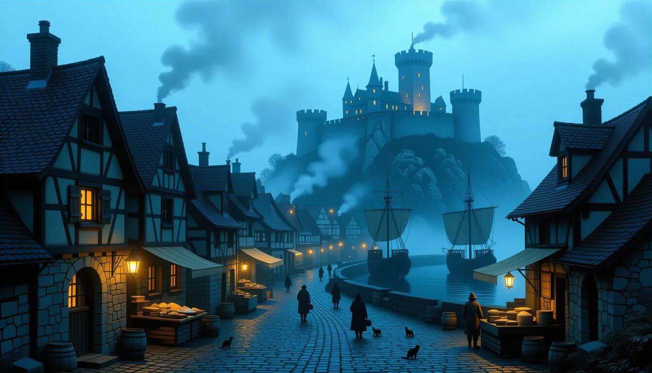 Medieval Town of Rabenfels with Glowing Lanterns