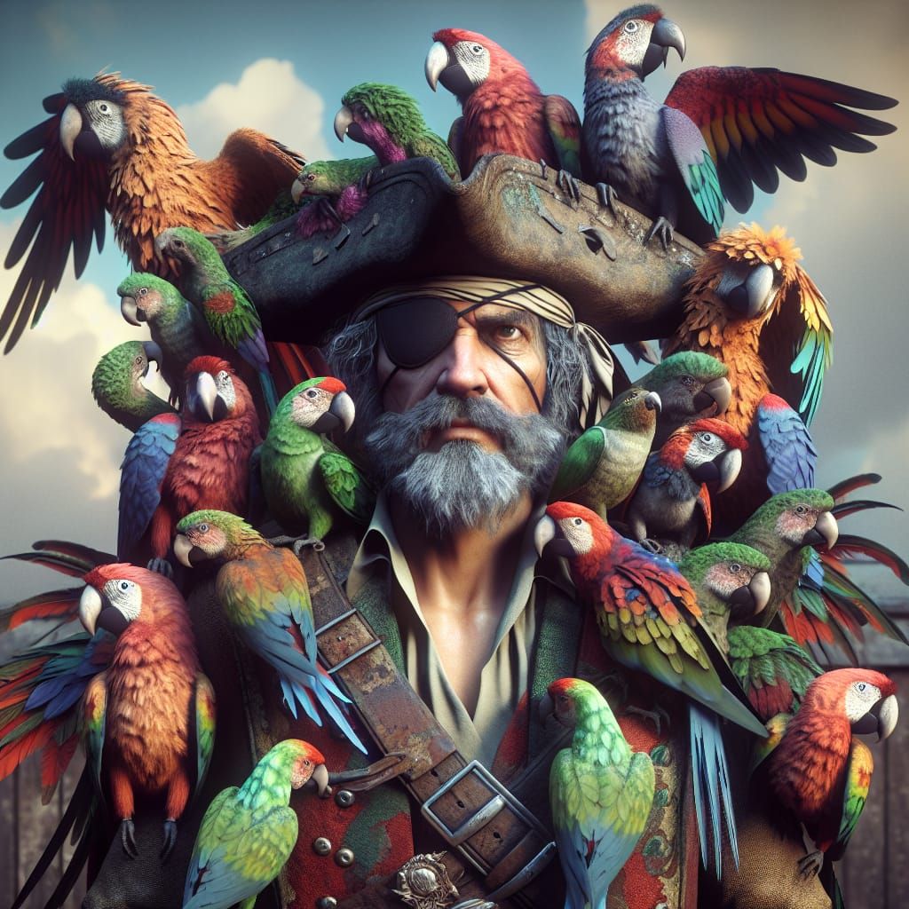 Pirate Adorned with Colorful Parrots