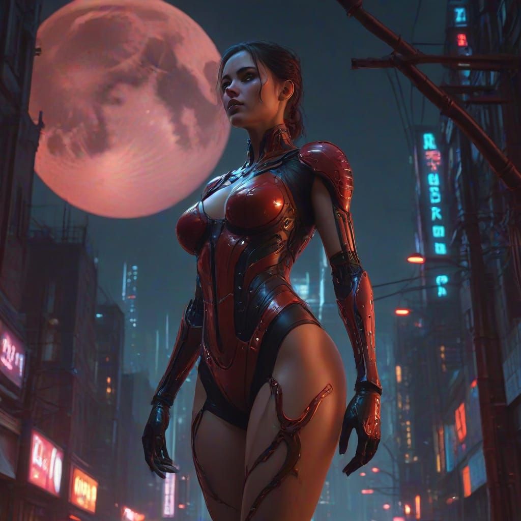 Biomechanical Woman in Neon City under Blood Moon