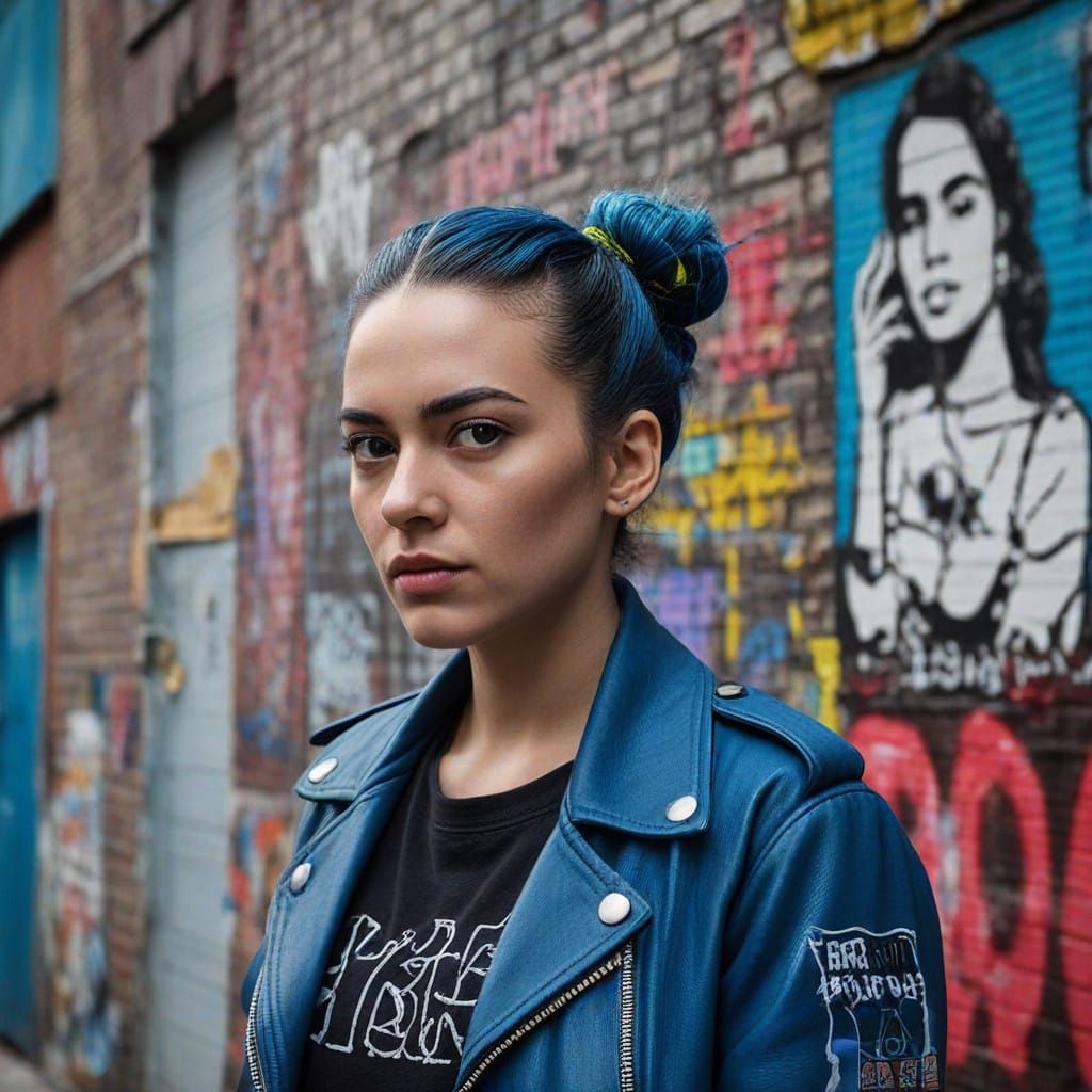 Rebellious Woman Defies the City in Bold, Electric Blue Graf...