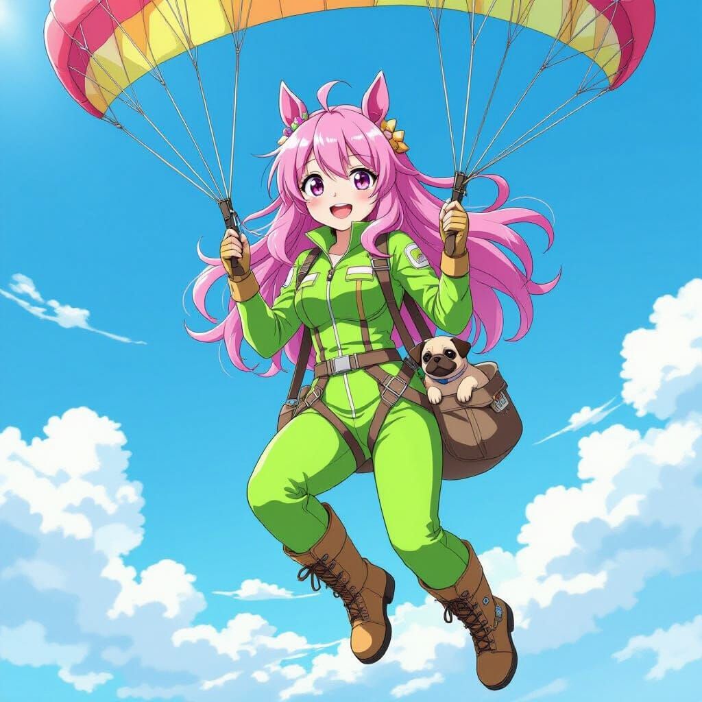 Anime Girl with Horse Ears Descends by Parachute