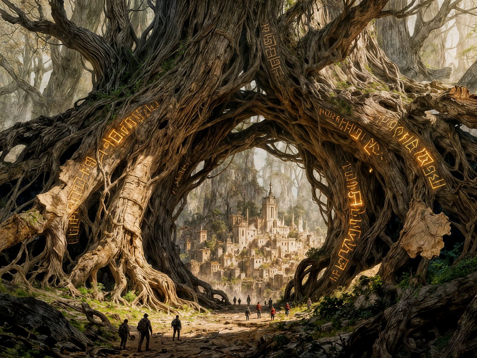 Ancient Tree Archway Over Hidden City, Digital Painting