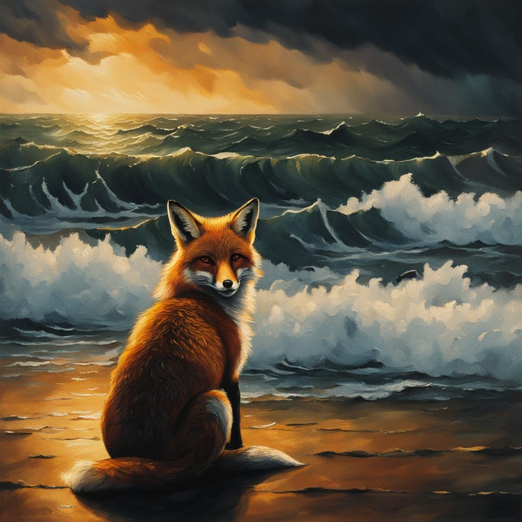 Young Fox by Raging Sea: Moody Oil Painting