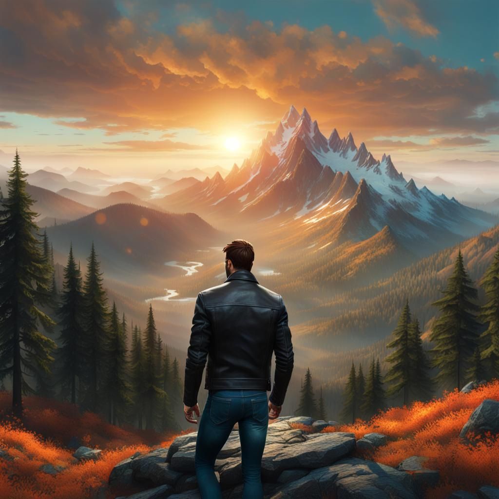 Hyperrealistic Man at Sunset Mountain Peak