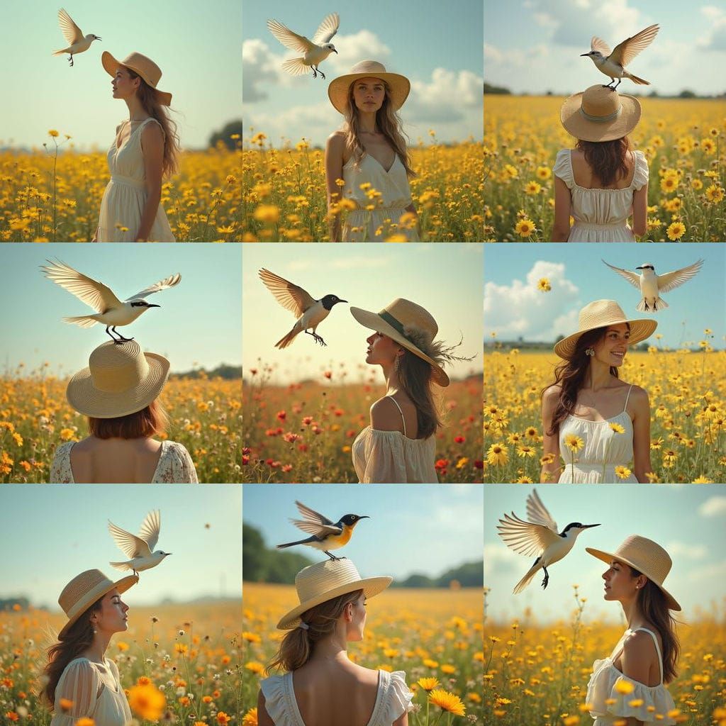 A Warbling White-Eye Bird Lands on a Woman's Sun Hat in a Vi...
