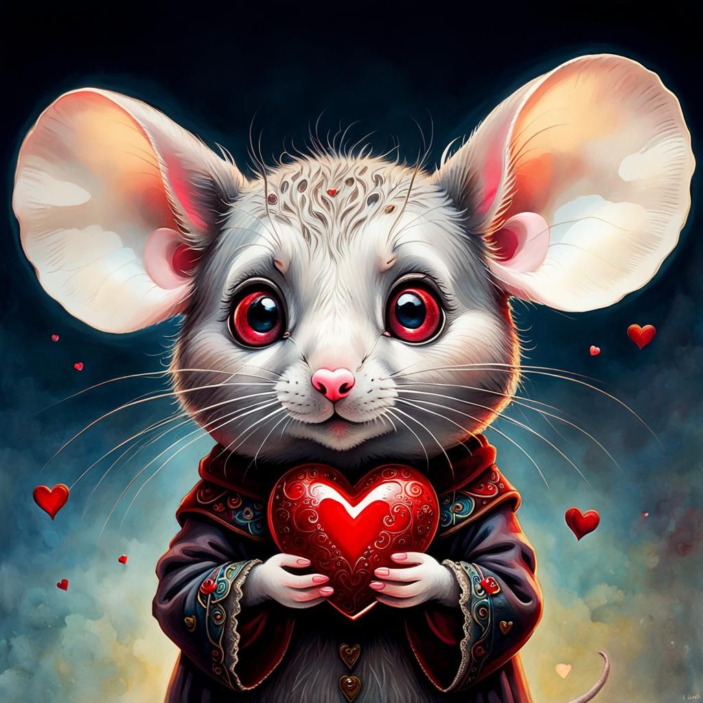 Adorable Mouse with Valentine Heart, Psychedelic Drawing
