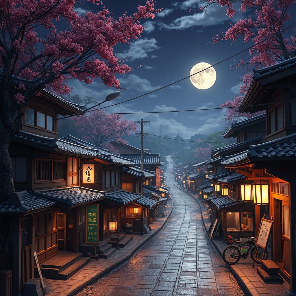 Moonlit Japanese Village in Vibrant Anime Style