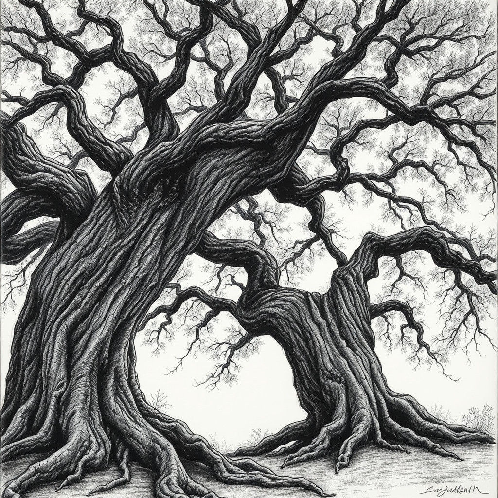 Gnarled Oak Tree Charcoal Drawing in Cézanne Style