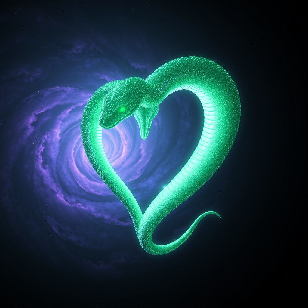 Iridescent Serpent Forms Heart in Space, Digital Art