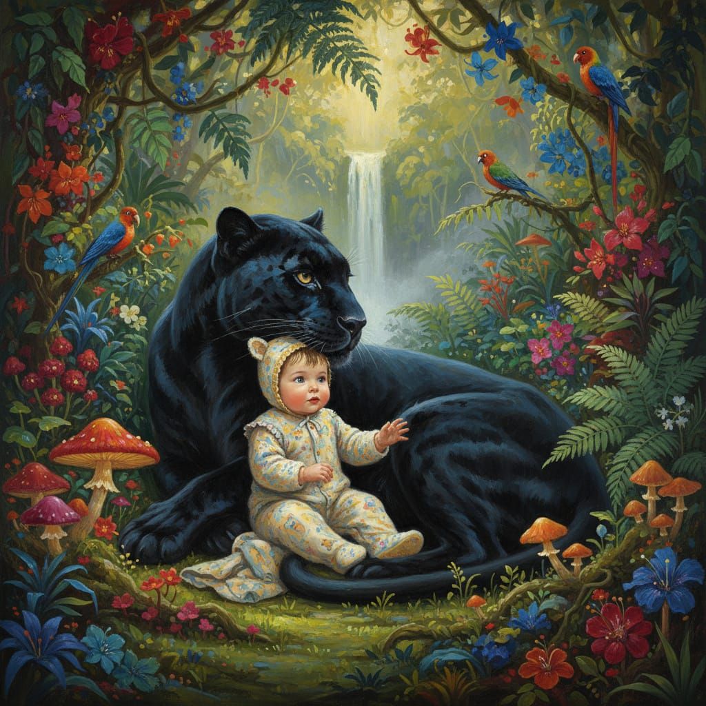 Black Panther Babysits Baby Girl in Vibrant Jungle