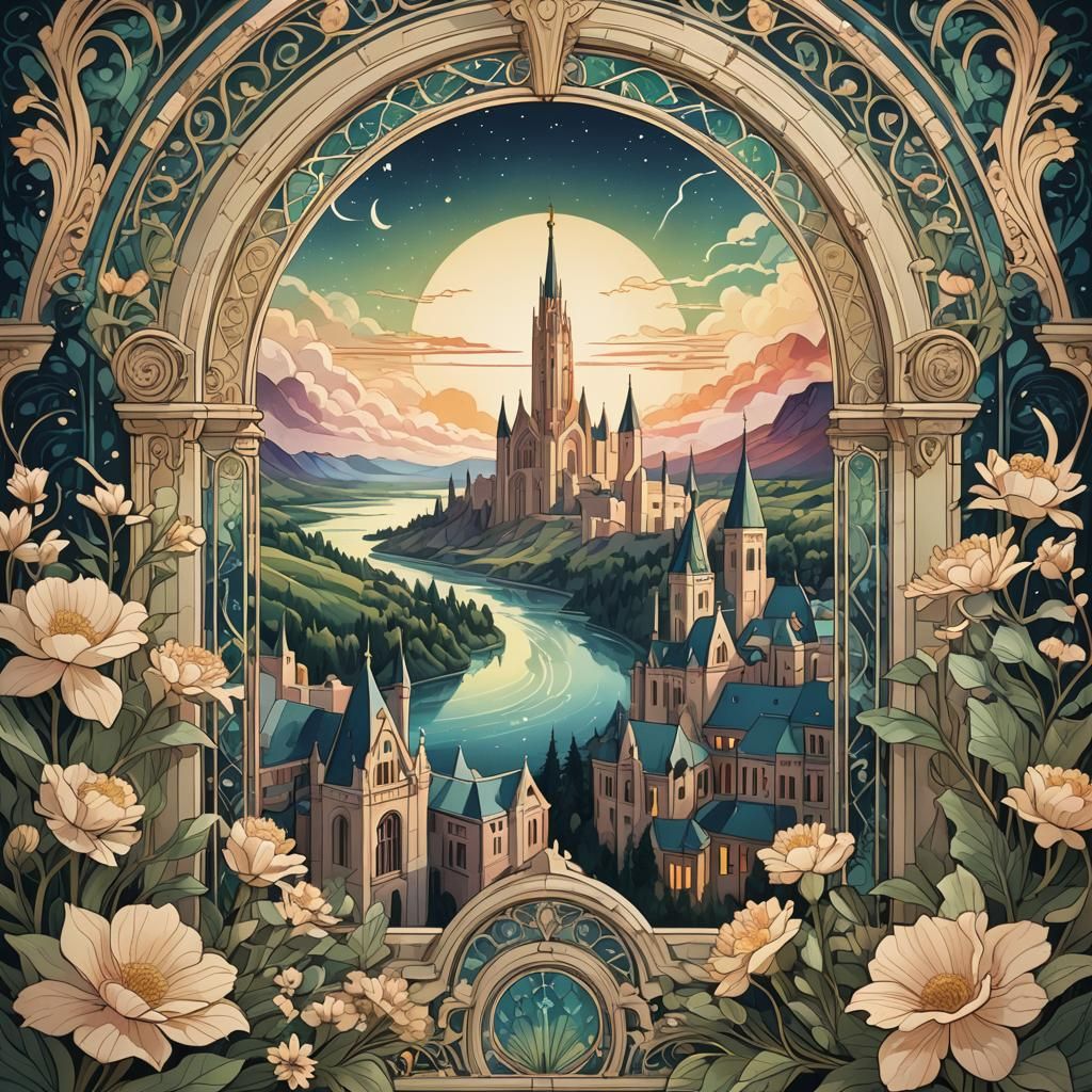 Ancient City Aurora: Art Nouveau Fantasy Landscape