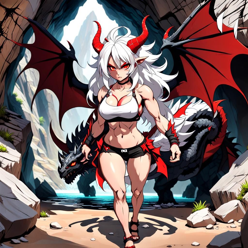 Dragonoid Woman with Wings at Cave Entrance