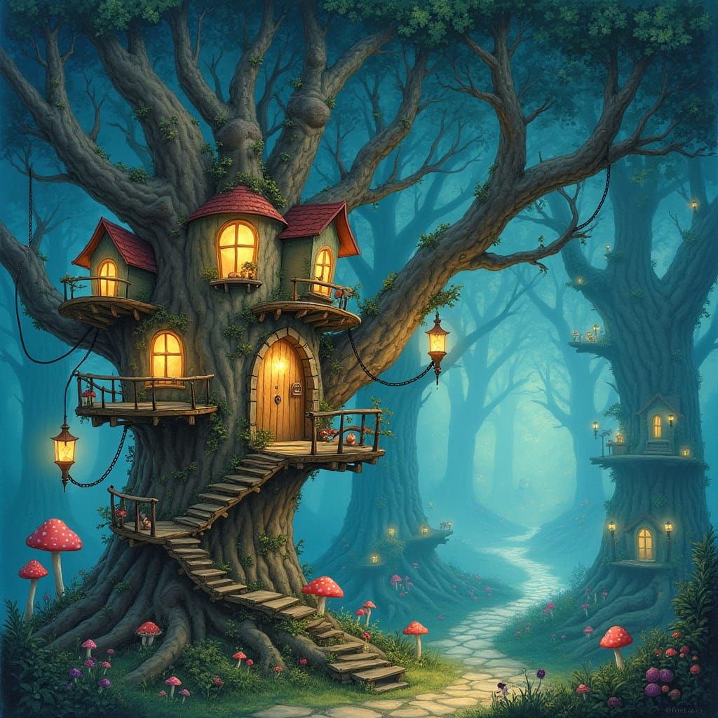 Whimsical Treehouse Village in a Bioluminescent Forest