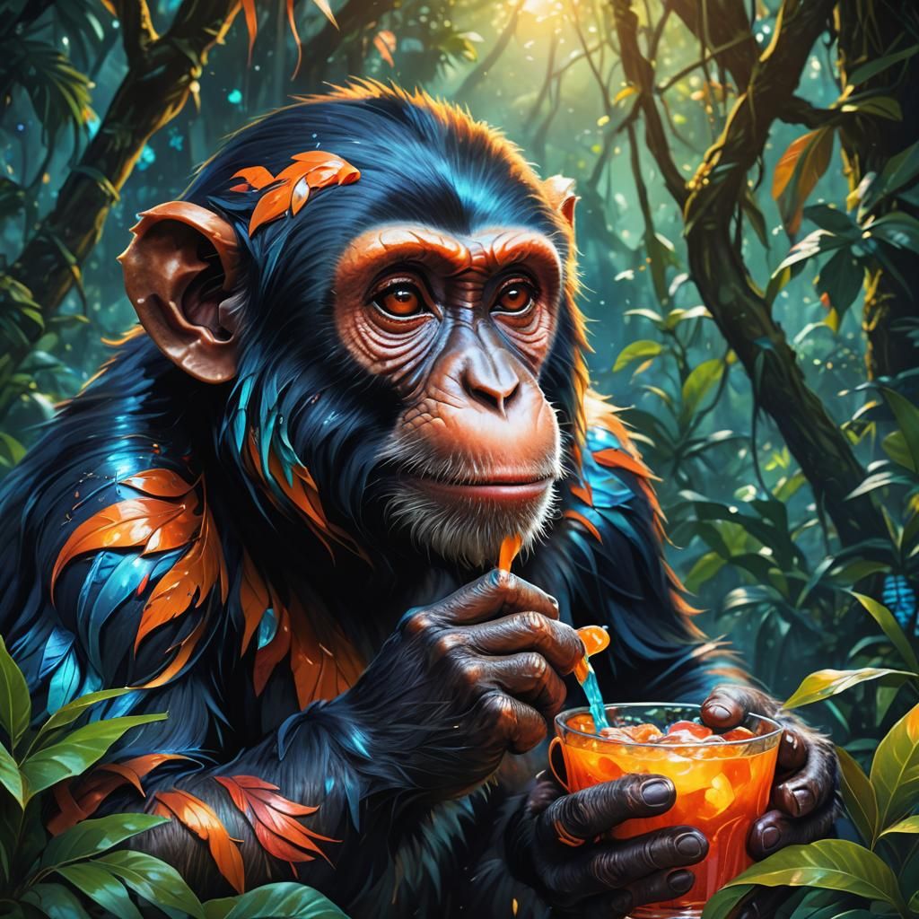 Monkey Sipping Kool-Aid in a Magical Jungle
