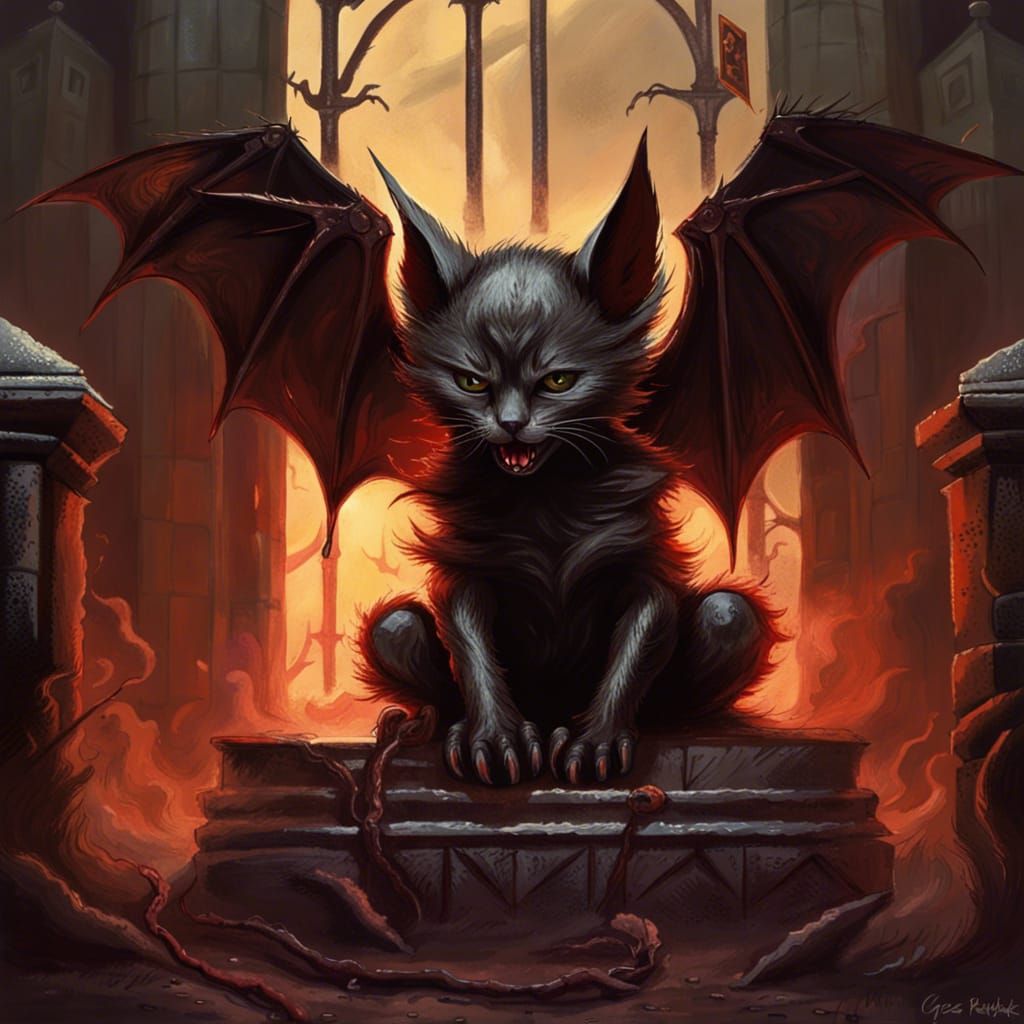 Sinister Demonic Bat-Winged Kitten at Hell's Gates
