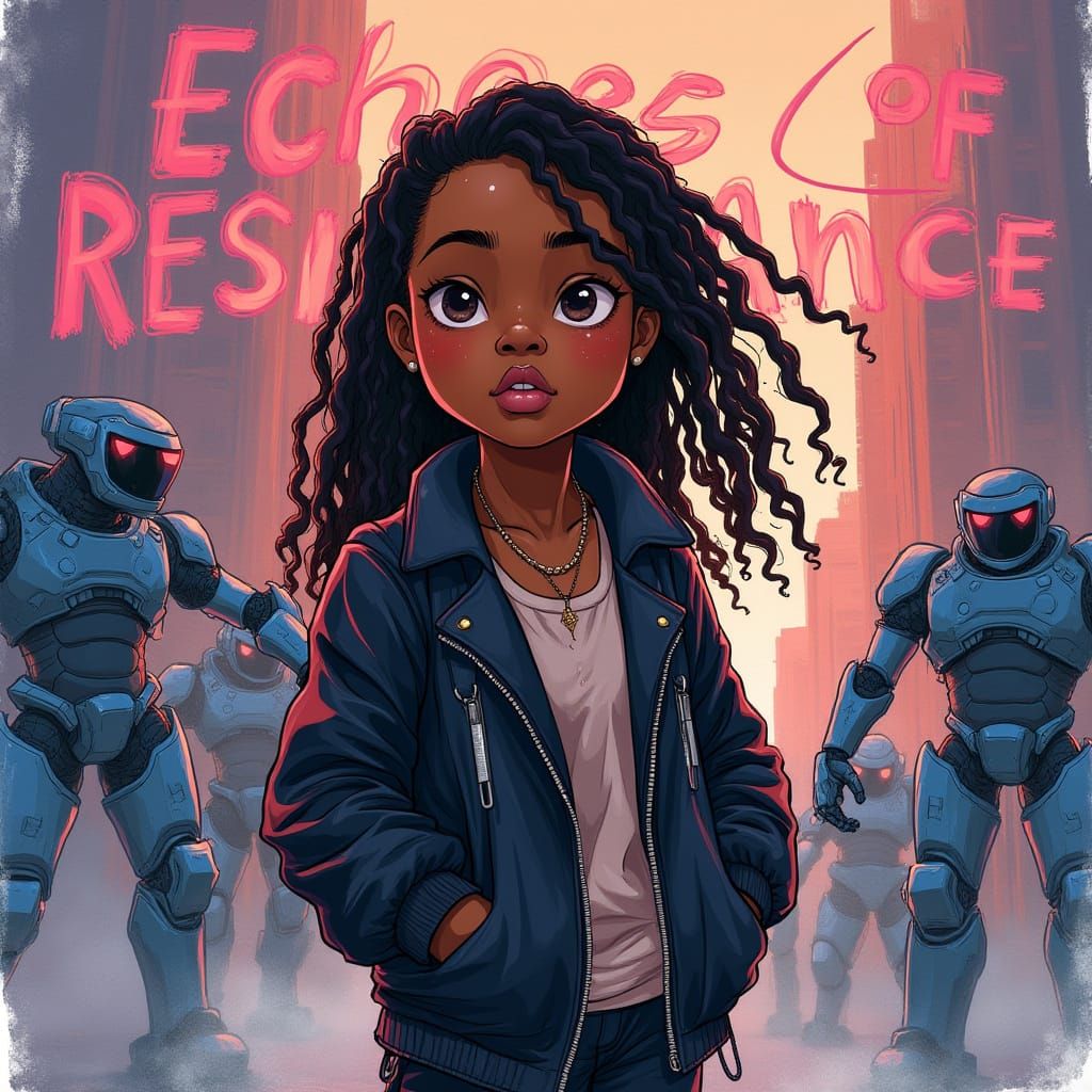 Girl's Futuristic Stand Against Robots, in Watercolor Style
