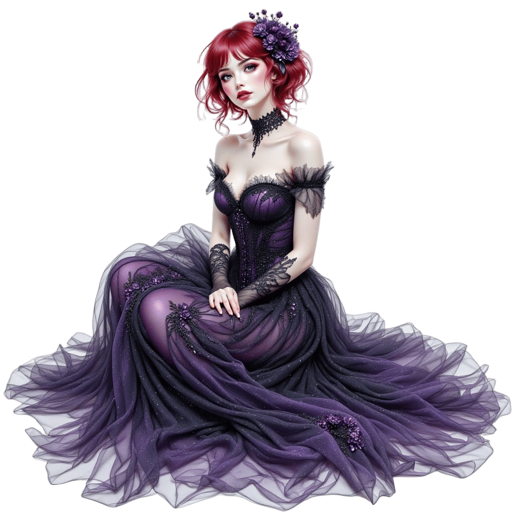 Melancholic Woman in Gothic Lace Dress - Watercolor Hyperrea...