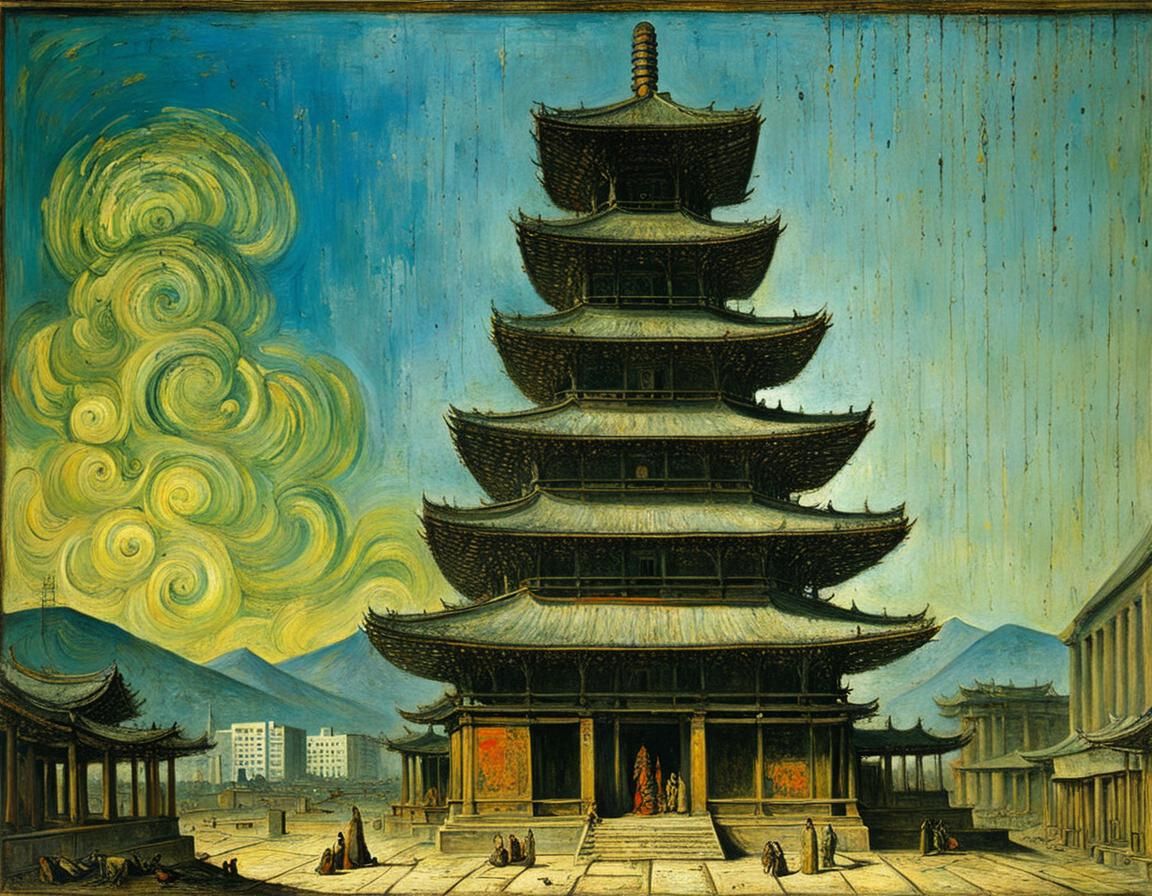 Hiroshima Temple Oil Painting in Surrealist Style