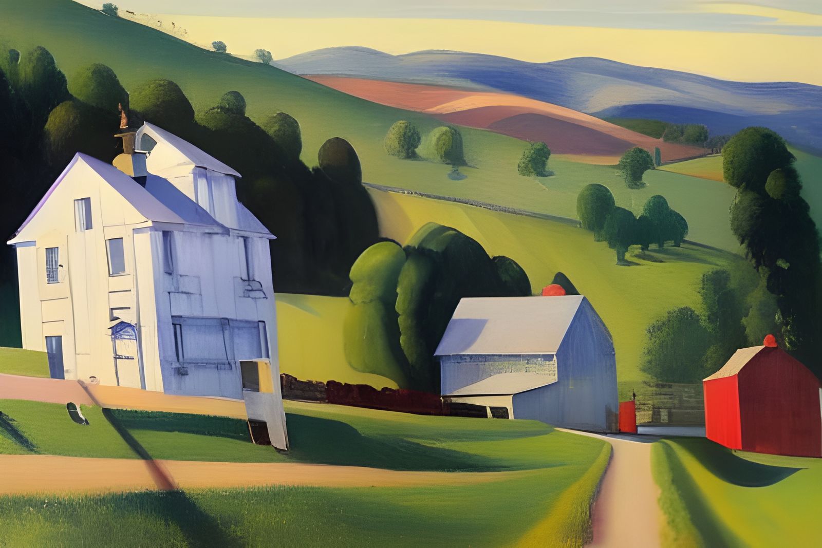Farm Town in Rolling Hills: American Realism Oil Painting