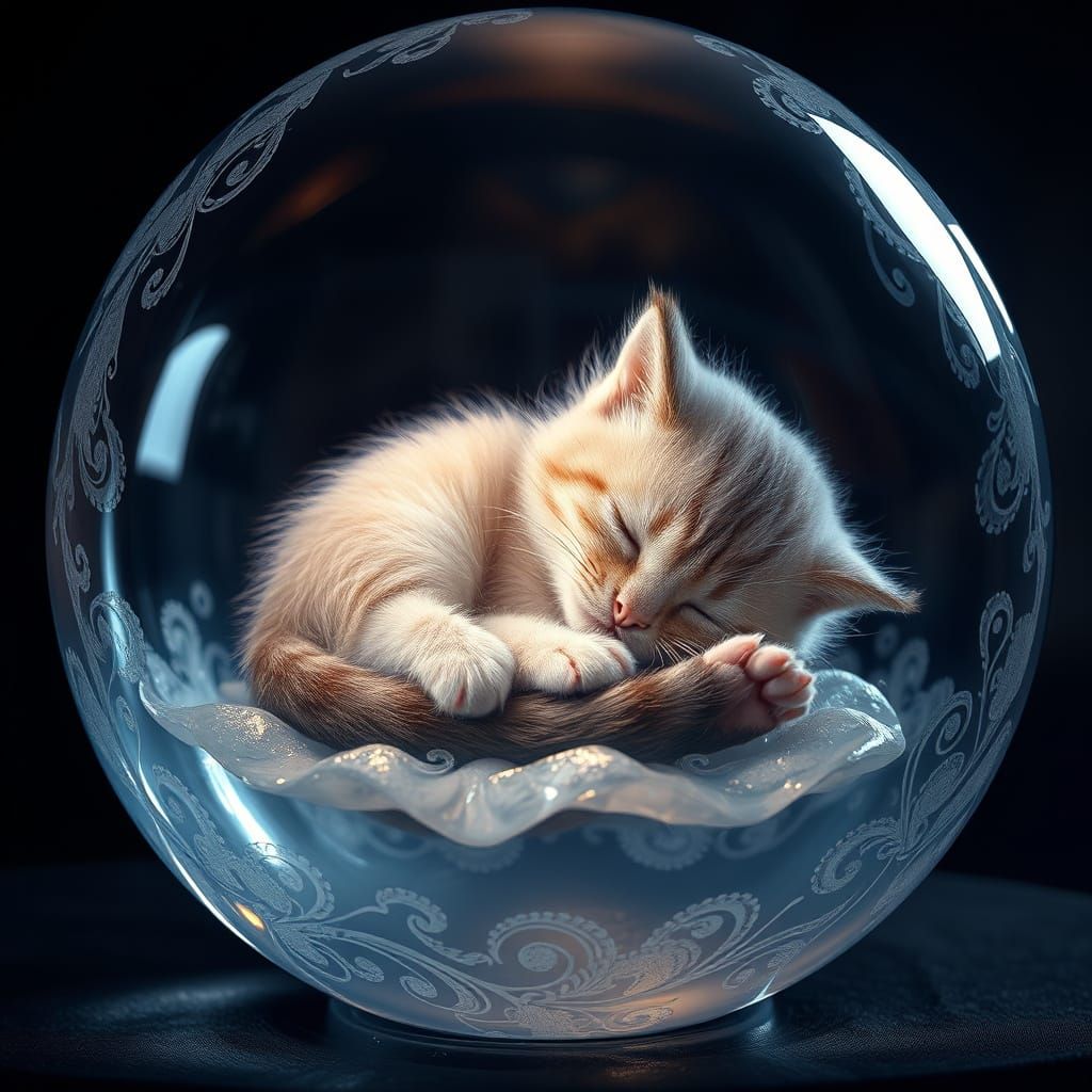 Whimsical Kitten in Crystal Sphere