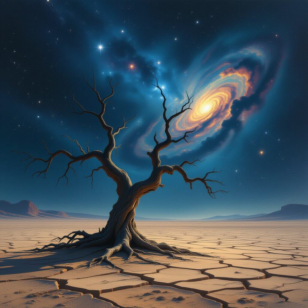 Ancient Tree Under Cosmic Nebula Sky