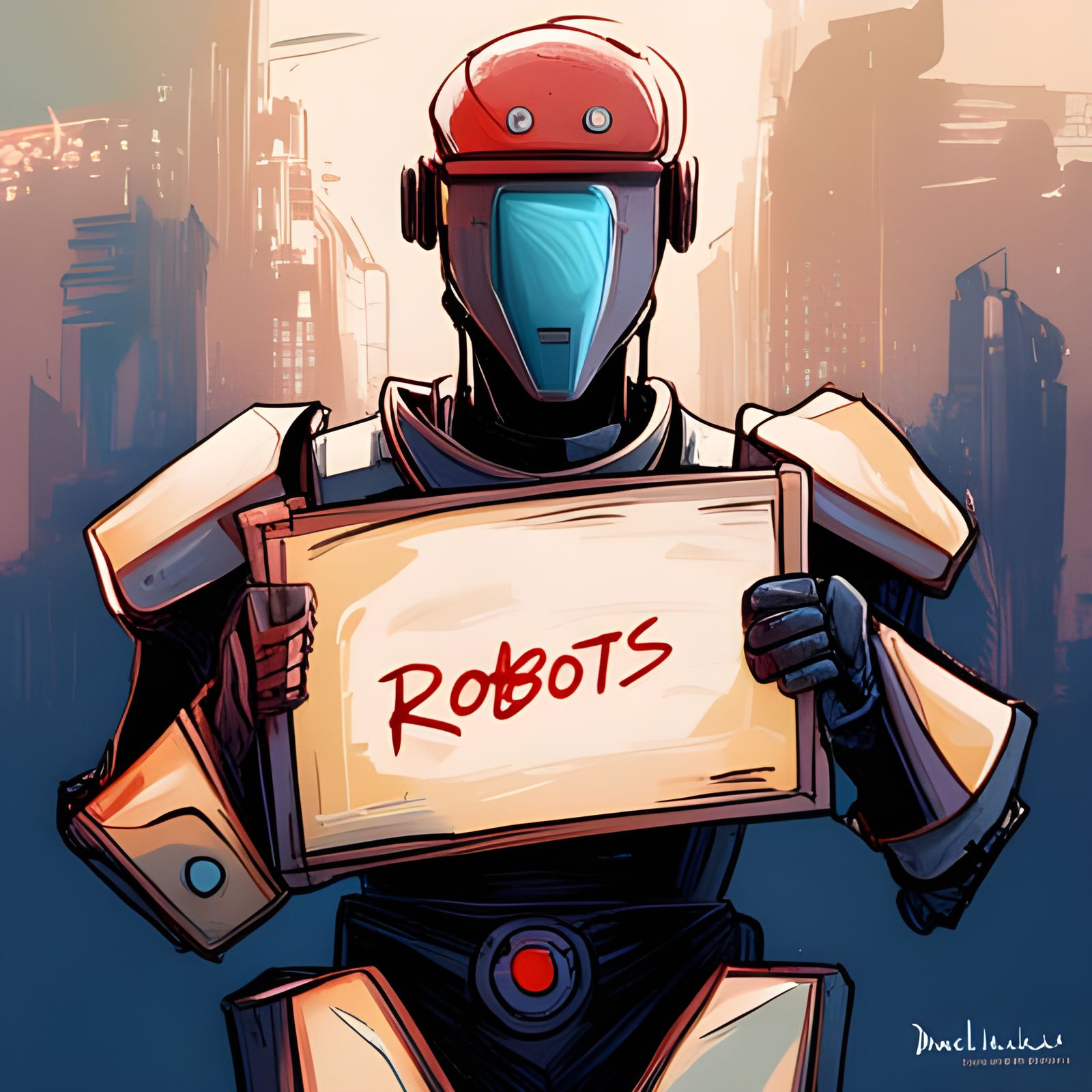 Robot Holding Sign: Robots Over Humans - Detailed Portrait