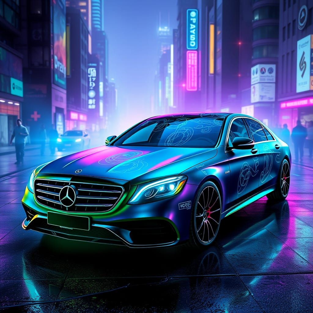 Neon Mercedes S Class in Electric Cityscape